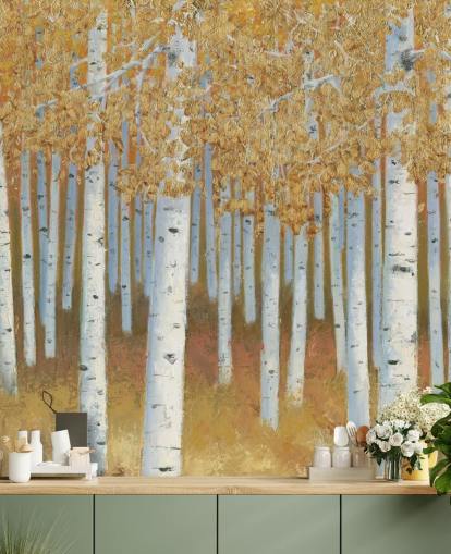 mosterd en gouden berkenboom behang