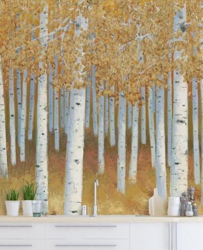 mustard and gold birch tree wallpaper