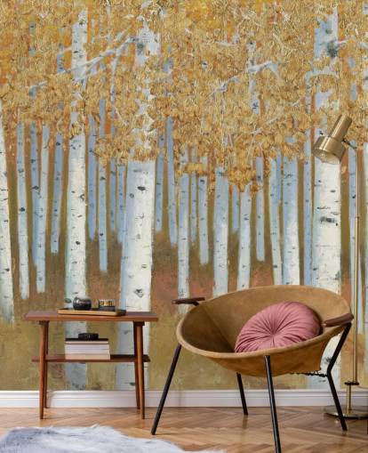 mustard and gold birch tree wallpaper