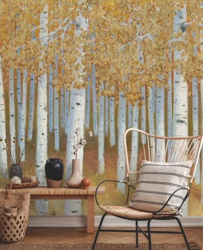 mustard and gold birch tree wallpaper