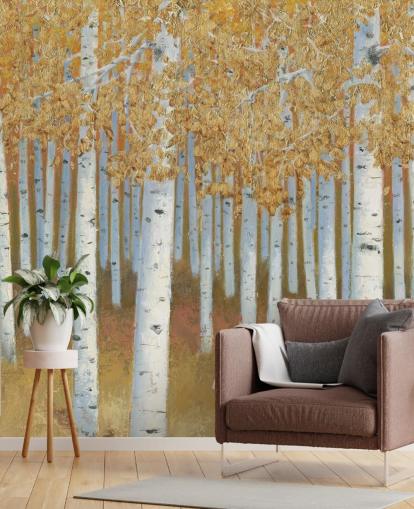 mosterd en gouden berkenboom behang