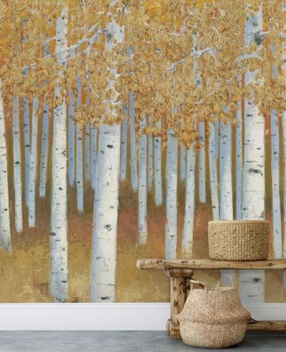 mustard and gold birch tree wallpaper