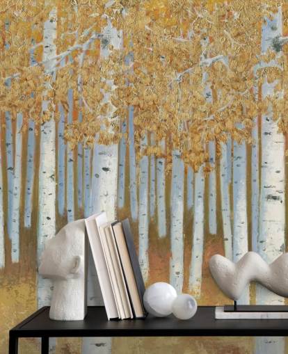 mustard and gold birch tree wallpaper