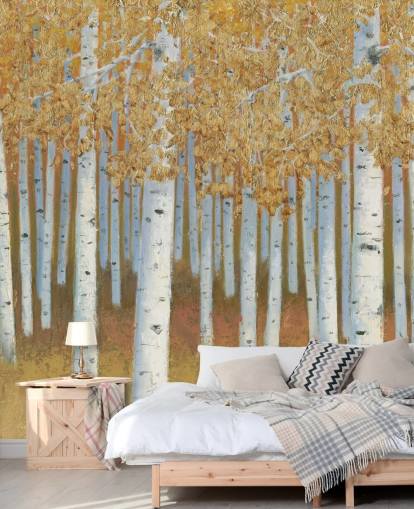 mustard and gold birch tree wallpaper