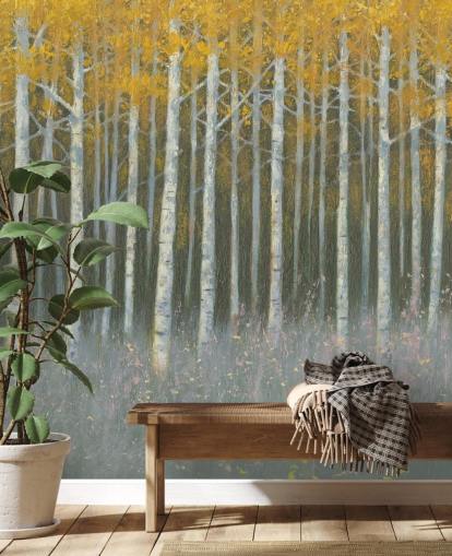 papel pintado de hojas amarillas en abedules