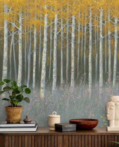 yellow leaves on birch trees wallpaper