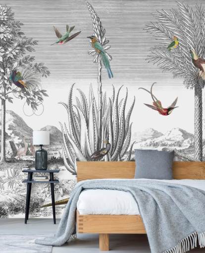 fond noir et blanc avec papier peint oiseaux colorés