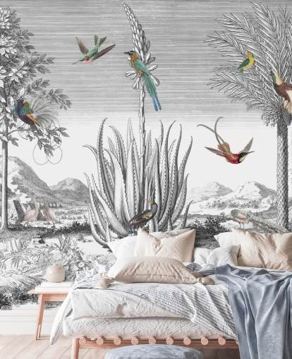 black and white background with colourful birds wallpaper