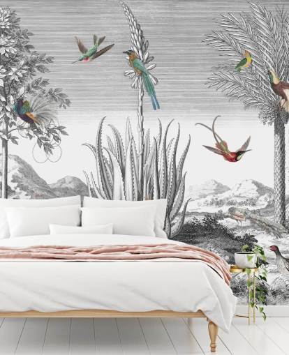 fondo blanco y negro con papel pintado de pájaros de colores