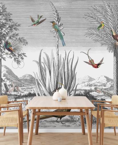 fondo blanco y negro con papel pintado de pájaros de colores