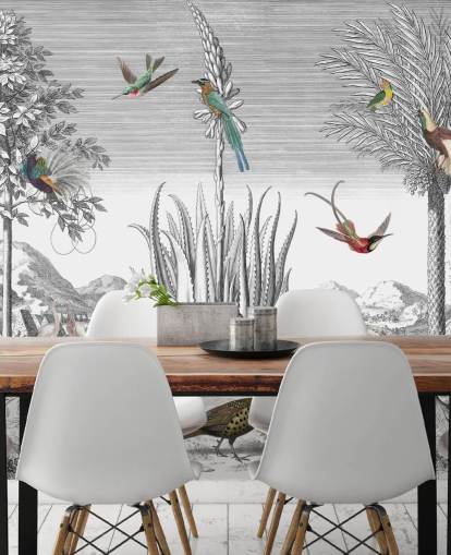 Schwarz-Weiß-Hintergrund mit bunten Vogel-Tapete