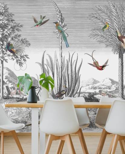 Schwarz-Weiß-Hintergrund mit bunten Vogel-Tapete Schwarz-Weiß-Hintergrund mit bunten Vogel-Tapete
