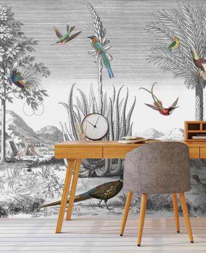 Schwarz-Weiß-Hintergrund mit bunten Vogel-Tapete