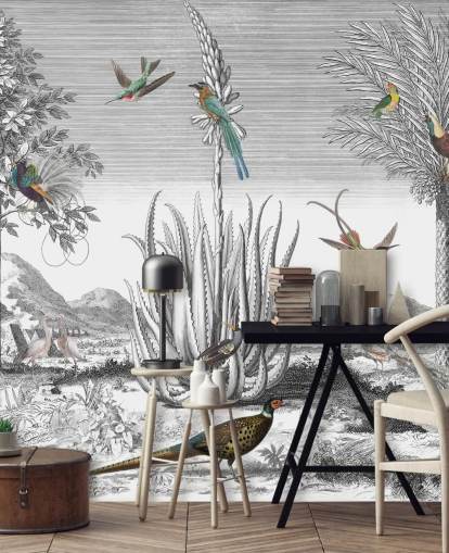 sfondo bianco e nero con carta da parati uccelli colorati