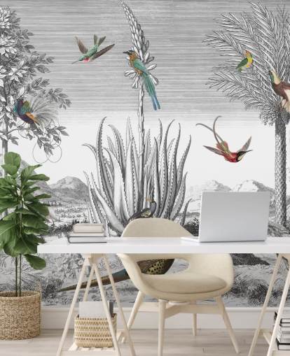 black and white background with colourful birds wallpaper