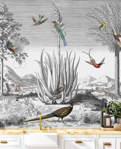 zwart-witte achtergrond met kleurrijk vogelbehang