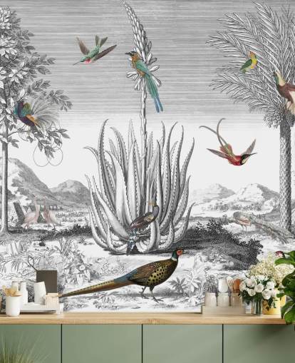 Schwarz-Weiß-Hintergrund mit bunten Vogel-Tapete Schwarz-Weiß-Hintergrund mit bunten Vogel-Tapete