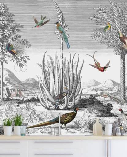 Schwarz-Weiß-Hintergrund mit bunten Vogel-Tapete