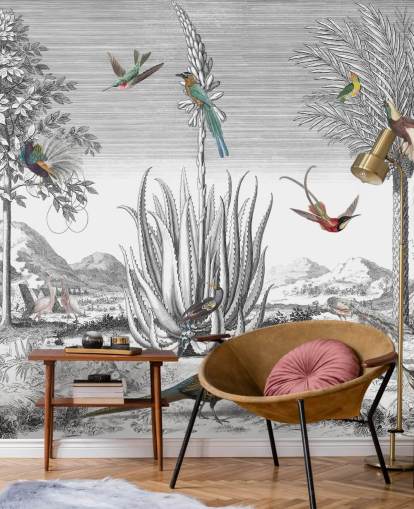 fondo blanco y negro con papel pintado de pájaros de colores