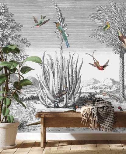 fond noir et blanc avec papier peint oiseaux colorés