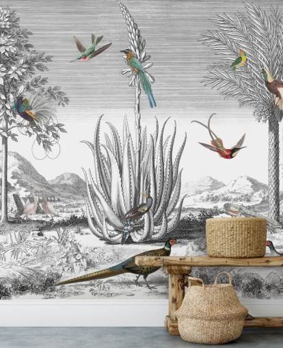 Schwarz-Weiß-Hintergrund mit bunten Vogel-Tapete