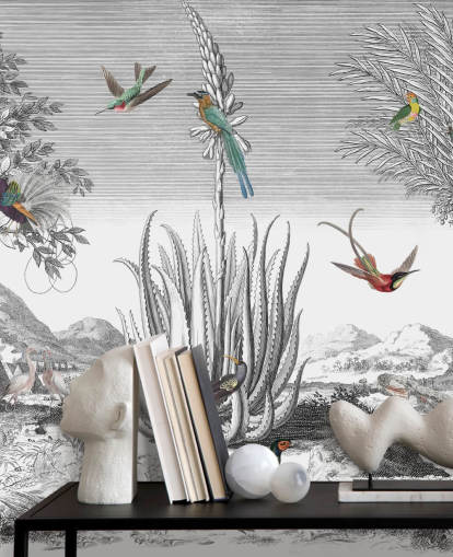 fond noir et blanc avec papier peint oiseaux colorés