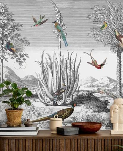 zwart-witte achtergrond met kleurrijk vogelbehang