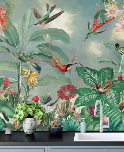 fondo de pantalla de selva tropical y pájaros