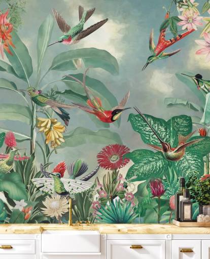 carta da parati tropicale giungla e uccelli