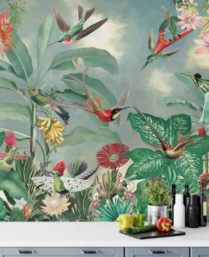 tropisch oerwoud en vogels behang