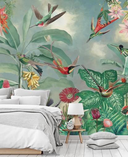 fondo de pantalla de selva tropical y pájaros