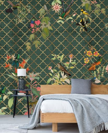 birds on dark green patterned background wallpaper