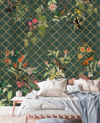 birds on dark green patterned background wallpaper