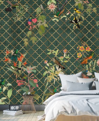 birds on dark green patterned background wallpaper