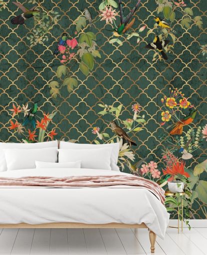 birds on dark green patterned background wallpaper birds on dark green patterned background wallpaper