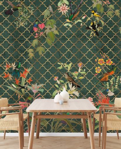 birds on dark green patterned background wallpaper