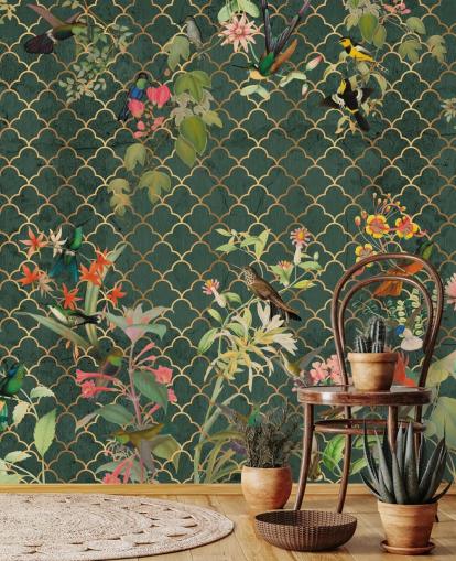 fugle på mørkegrøn mønstret baggrund tapet