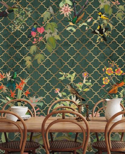 pássaros no fundo verde escuro estampado papel de parede