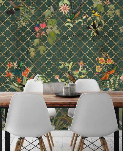 birds on dark green patterned background wallpaper