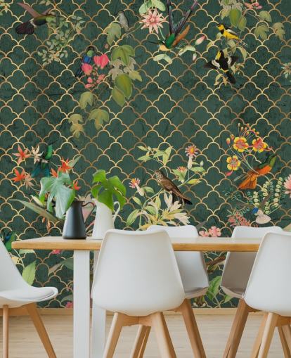 fåglar på mörkgrön mönstrad bakgrundsbild