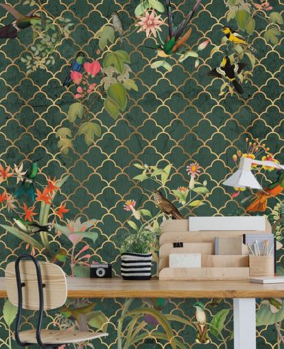 fugle på mørkegrøn mønstret baggrund tapet