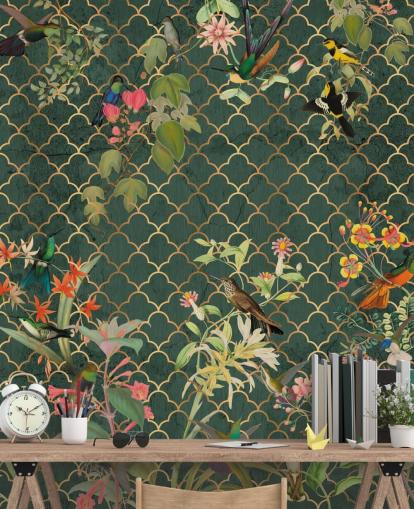 birds on dark green patterned background wallpaper