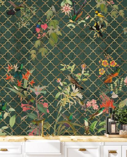 fugle på mørkegrøn mønstret baggrund tapet