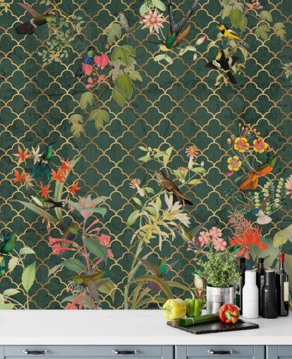 birds on dark green patterned background wallpaper