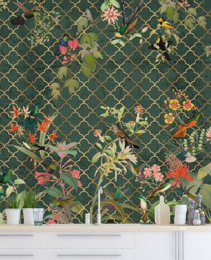 pássaros no fundo verde escuro estampado papel de parede