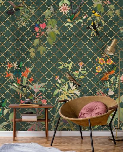 birds on dark green patterned background wallpaper