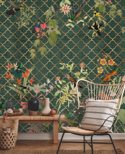 birds on dark green patterned background wallpaper