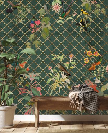 birds on dark green patterned background wallpaper