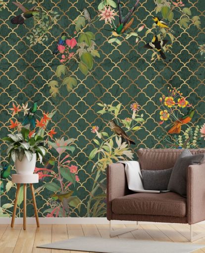 birds on dark green patterned background wallpaper