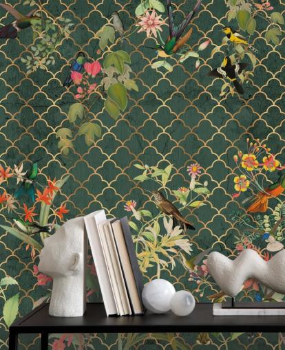 pássaros no fundo verde escuro estampado papel de parede